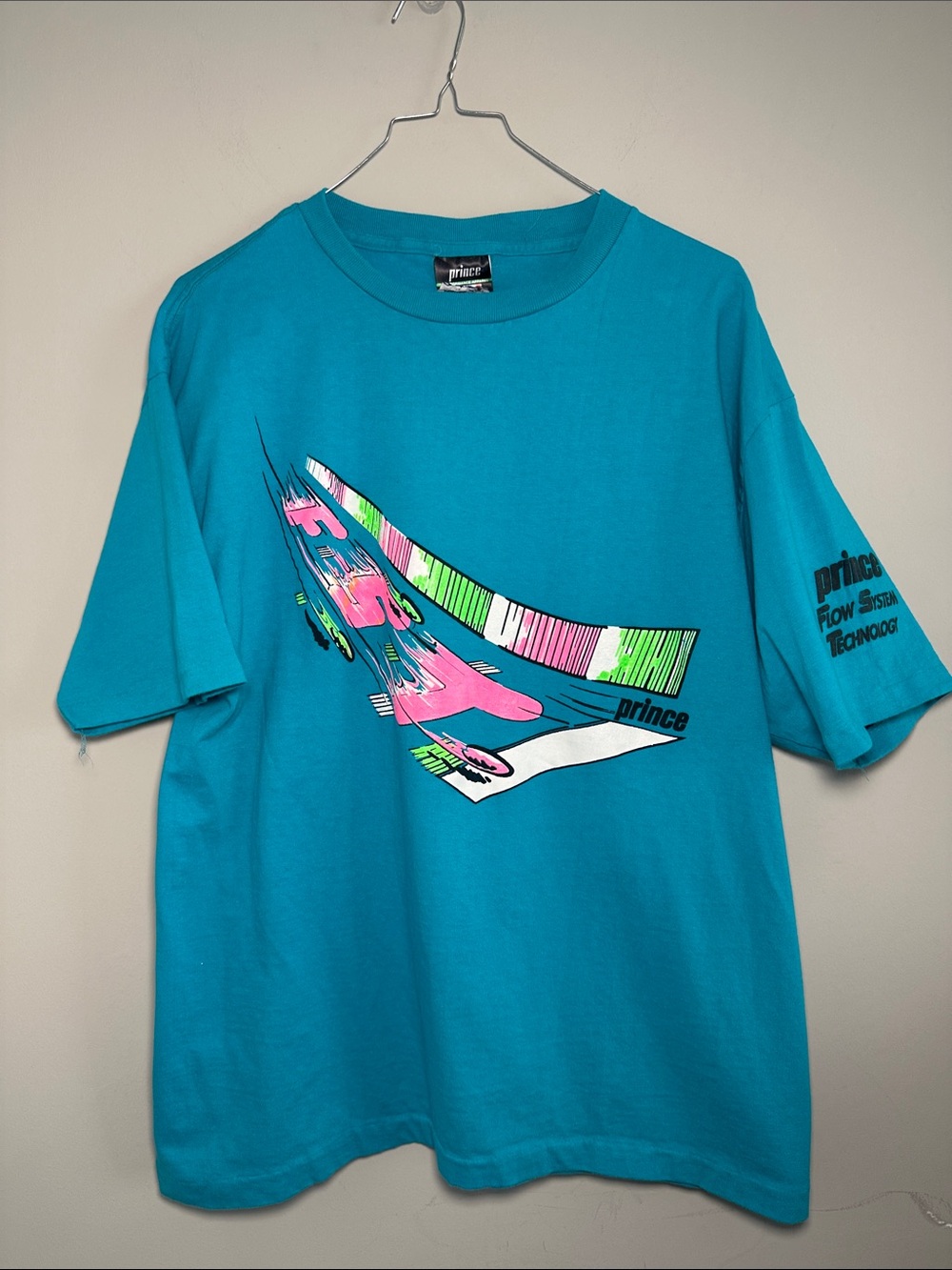Prince Tennis Flow system technology FST Teal Tee with Pink Neon Green & White